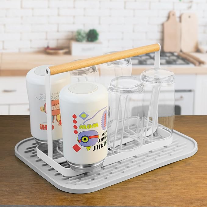 Cup Drying Rack Stand, 6 Cup Metal Drainer Holder Rack Non-Slip Mugs Cups Organizer with Wood Handle, White-NeatNest