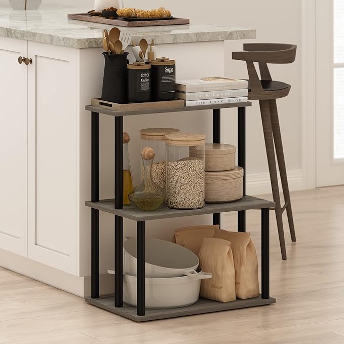 Furinno Turn-N-Tube 3-Tier Toolless Kitchen Storage Shelf, French Oak Grey/Black-NeatNest