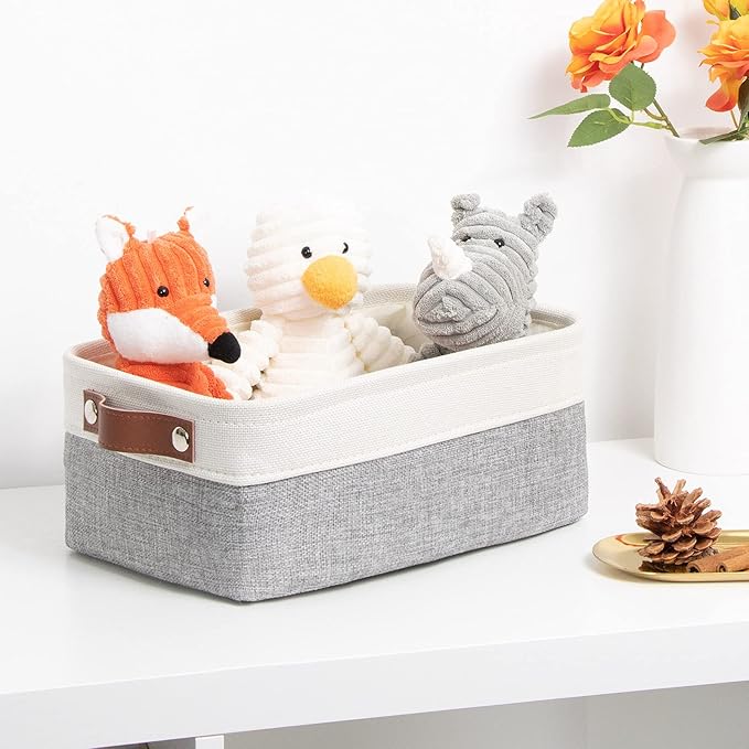 DULLEMELO Small Collapsible Fabric Basket for Organizing, Shelves, Closets, Laundry, Nursery, Decorative Gift Basket (White & Gray)-NeatNest