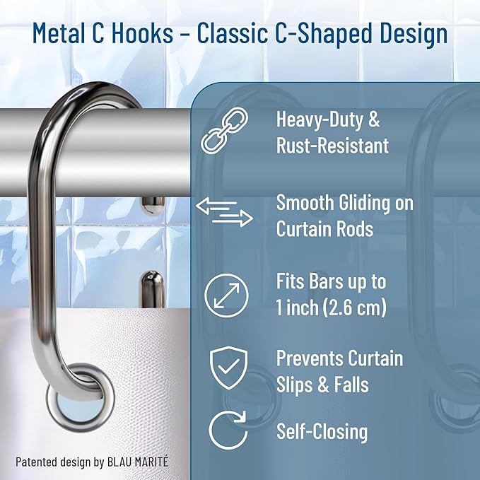 12 Metal Shower Curtain Hooks, Rust-Proof Decorative C-Shaped Curtain Hooks for Bathroom, Chrome Shower Curtain Rings, Fits Rods Up to 1 Inch (C, Silver)-NeatNest