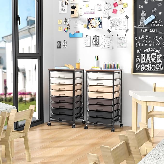Rolling Carts with Wheels,Utility Cart with 8 Drawers and Wooden Tabletop,Rolling Drawer Cart,Plastic Drawer Storage for Living Room,Classroom,Bedroom,Bathroom,Dorm,Office,Brown