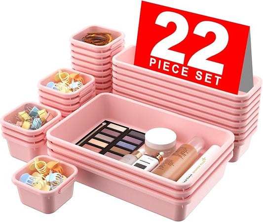 【𝟮𝟮𝗣𝗖𝗦】A-LUGEI Plastic Pink Desk Drawer Organizer, Bathroom Organizers and Storage, Makeup Organizer, Organization and Storage Bin Container for Vanity Office Utensils Gadget Tool Pantry Cosmetic-NeatNest