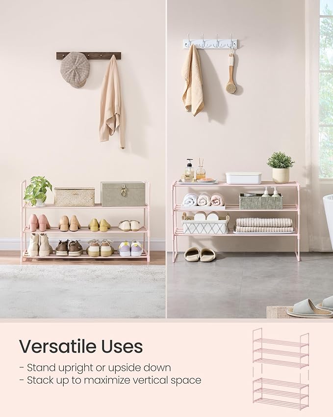 SONGMICS Shoe Rack, 3-Tier Shoe Organizer, Metal Storage Shelf, Upright or Upside Down, for 16-20 Pairs, Stackable, for Entryway, 11.8 x 36.2 x 21.7 Inches, Jelly Pink ULSA303S01-NeatNest