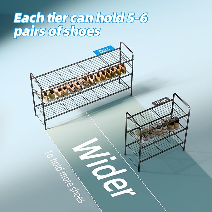 3 Tier Shoe Rack for Closet, 46.5 Inch Extra Long Shoe Storage Organizer for Shelves, Heavy Duty Metal, Easy Assembly, Black-NeatNest