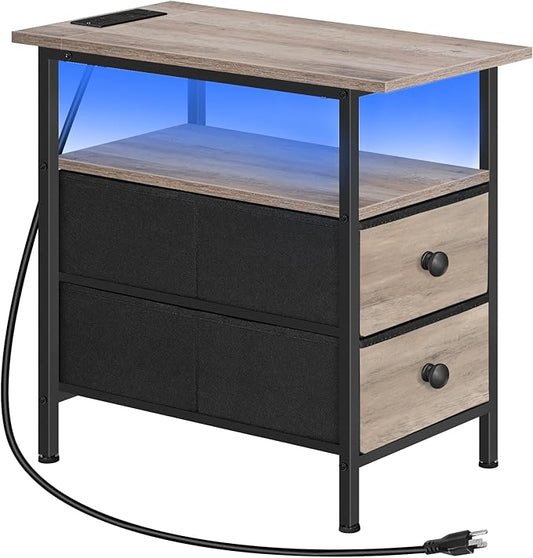 HOOBRO Narrow Side Table with LED Light and USB C Port, Night Stand with Charging Station, Skinny End Table with 2 Fabric Drawers, for Bedroom, Living Room, Greige and Black BG486UDBZ01