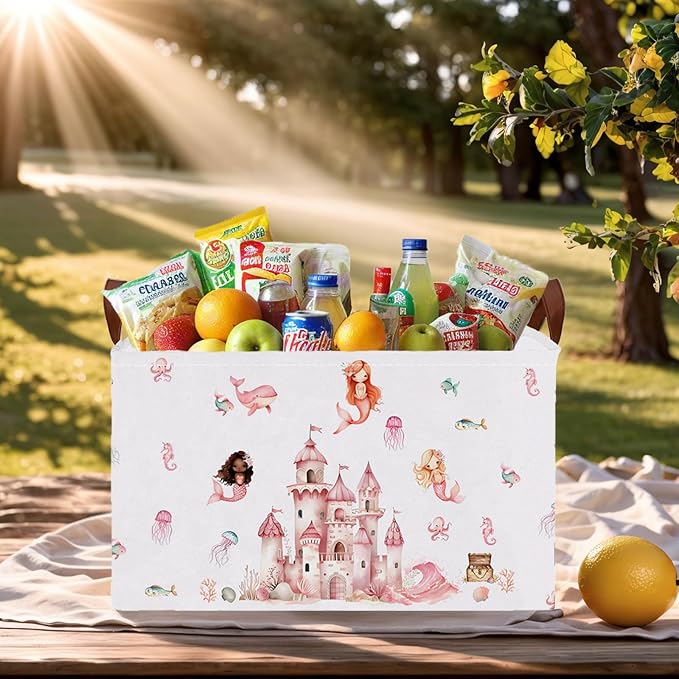 Cute Rectangle Baby Girl Gift Basket Toy Storage Bin Nursery Playroom Bedroom Decor (Pink Castle)-NeatNest