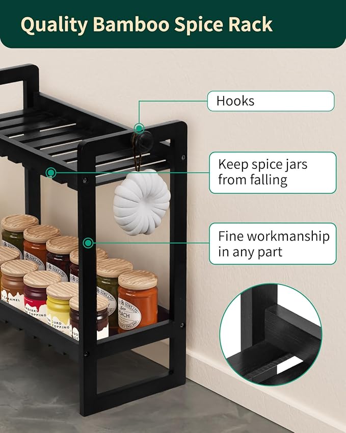 Countertop Organizer, Bamboo Spice Rack Organizer for Pantry, 2 Tier Kitchen Counter Shelf, Coffee Station Organizer,Black-NeatNest