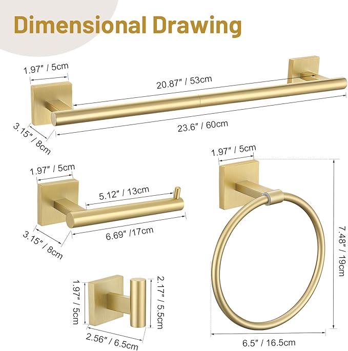 5 Pieces Bathroom Hardware Set Brushed Gold Towel Bar Set Includes 23.6” Towel Bar, Towel Ring Holder, Toilet Paper Holder and Two Towel Hooks, Bathroom Accessories Set SUS304 Wall Mounted