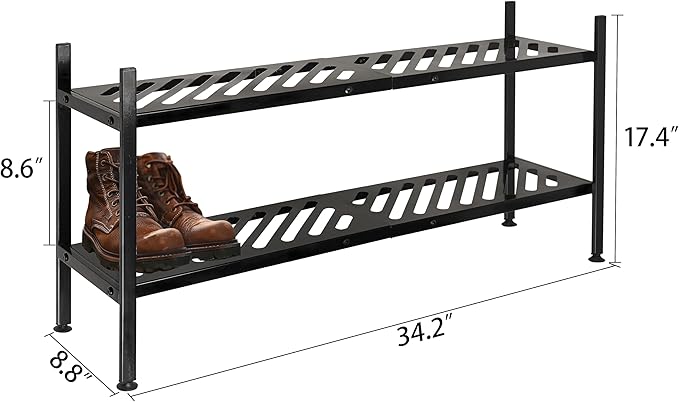 Shoe Rack - Metal Shoe Organizer 2 Tier Shoes Shelf Storage, 35 Inches Stackable Long Show Stand Holder for Closet, Entryway, Garage, Floor, Door Entrance, Black-NeatNest