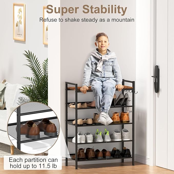 Refrze Shoe Rack for Front Door Entrance, 4 Tier Height-Adjustable Metal Shoe Rack, Sturdy Wooden Top and Tiltable Steel Frame Heavy Duty Shoe Organizer for Bathroom,Bedroom,Kitchen，Include Hook-NeatNest