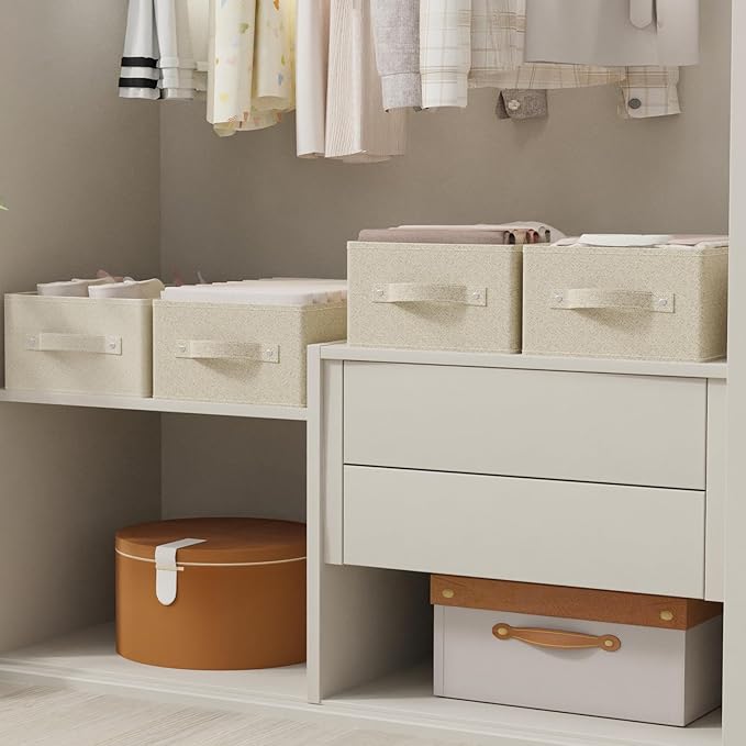 Collapsible Fabric Organizer Bins, Storage Boxes, Cloth Cube Baskets for Organizing Home, Office and Closet, Grey and Beige, 3 Pack, 16.1x9.8x6.4in-NeatNest