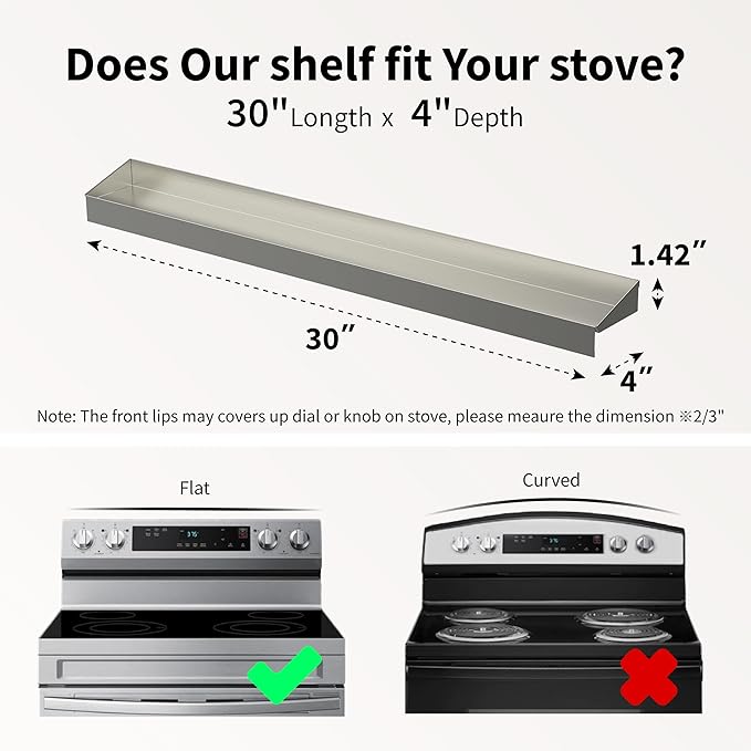 30" Upgrade Stainless Steel Stove Top Shelf, Magnetic Shelf for Kitchen, Over The Stove Spice Rack Organizer, Back of Oven Rack with Border All Around, Silver
