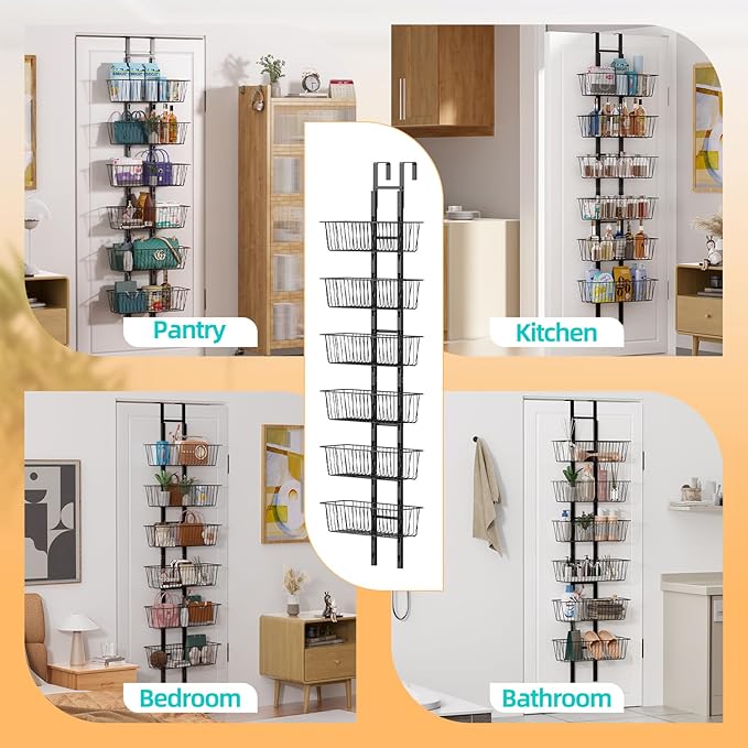 6-Tier Over The Door Pantry Organizer, Metal Hanging Storage Shelf with Adjustable 6 Baskets, Space-Saving Design Hanging Spice Rack for Kitchen, Bathroom, Laundry Room, Black