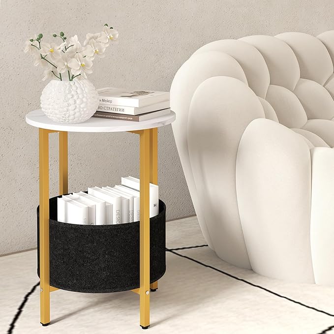 GOFALME Round End Table with Storage Set of 2, Sofa Side Table with Removable Fabric Basket, Metal Frame, Faux Marble Top, Modern, 2-Tier Bedside Table for Living Room, Bedroom, White