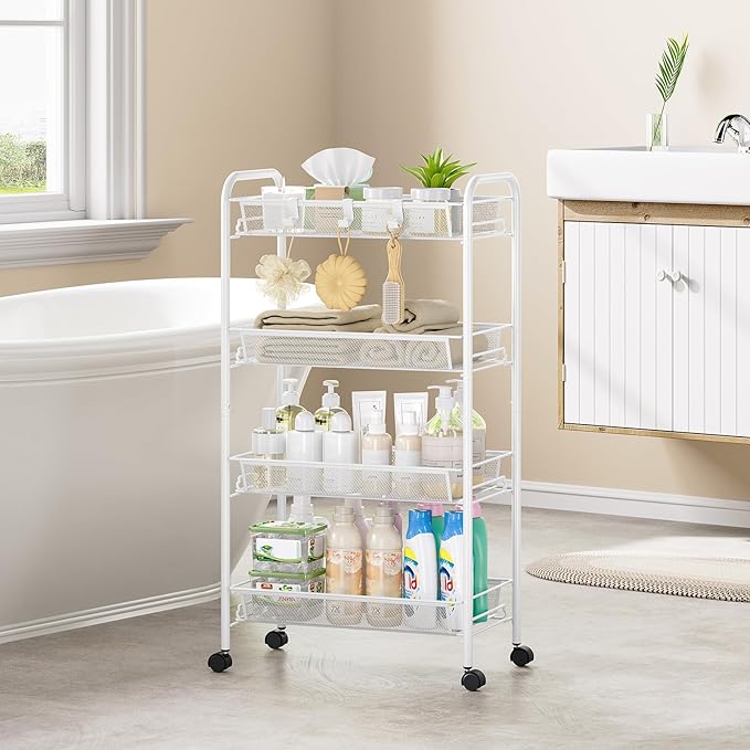 4-Tier Metal Utility Cart, Mesh Wire Rolling Cart on Wheel, Storage Trolley with Easy Assembly, Organizer Craft Cart 3 Hooks, Mobile Shelving Unit for Bathroom, Laundry Room, Home