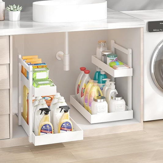 Under Sink Organizer - 1-Tier Pull Out Cabinet Organizer Vertical Slide Out Sink Shelf Storage Shelves for Multi-Purpose Bath Kitchen Bathroom Medicine (White, 2 Packs)-NeatNest