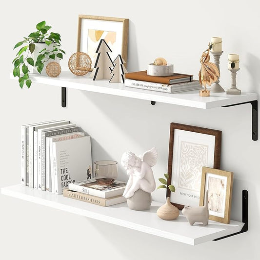 Fun Memories Deep Floating Shelves, 36W x 8D Floating Shelves Set of 2, Wall Mounted Shelf with Metal Brackets, Rustic Wood Wall Shelf for Bathroom, Kitchen and Living Room, White-NeatNest
