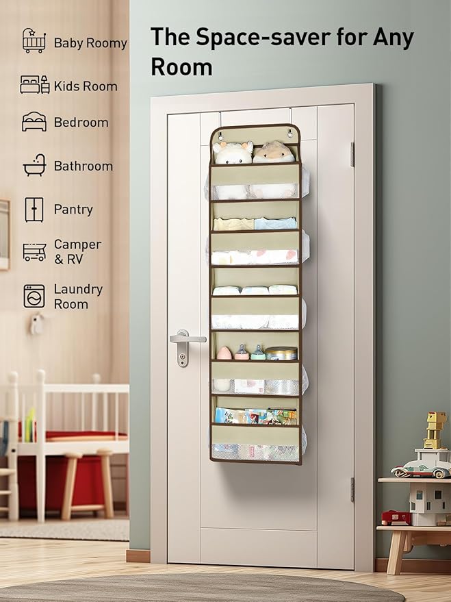 Yecaye 2 Pc Over the Door Organizer with 5 Bins 10 Side Pockets, 44lbs Load Hanging Bathroom and Bedroom Organizer, behind the Door Hanging Organizers for Nursery Newborn Baby Essential Stuff Beige-NeatNest