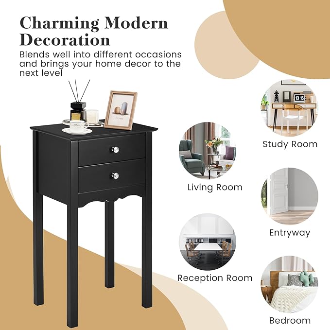 Giantex End Table w/ 2 Drawers Side Table Nightstand Multi-Purpose Accent Table Living Room Bedroom Home Furniture (1, Black)