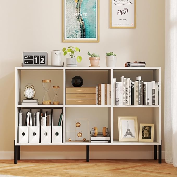 6 Cube Bookcase, Wood Storage Organizer with 5 Metal Legs, Bookshelf with Storage, Cubical Storage Shelf, Wooden Book Shelf, Display Shelves for Bedroom, Living Room, Entryway (White)