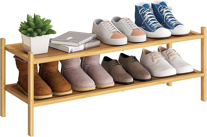 BMOSU 2-Tier Bamboo Extended Shoe Rack Premium Stackable Shoe Shelf Storage Organizer for Hallway Closet Living Room Entryway Organizer(Natural)-NeatNest