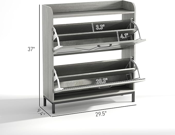 HOMCOM Shoe Storage Cabinet with 2 Flip Drawers, Legs, Farmhouse Freestanding Narrow Shoe Cabinet, Slim Hidden Rack Organizer for Entryway, Hallway, Light Gray Wood Grain-NeatNest