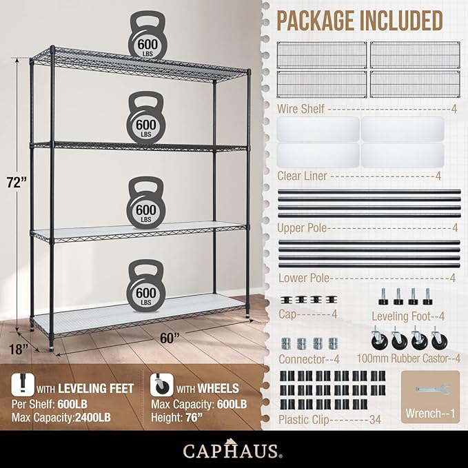 CAPHAUS NSF Commercial Grade Heavy Duty Wire Shelving w/Wheels, Leveling Feet & Liners, Storage Metal Shelf, Garage Shelving Storage, Utility Wire Rack Storage Shelves, 60 x 18 x 76 4-Tier w/Liner-NeatNest