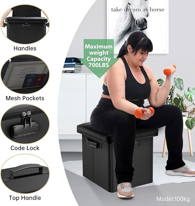DocSafe Storage Ottoman with Lock,Fireproof Folding Ottoman Foot Rest Stool Storage Chest with Storage Safe for Important Documents,Waterproof 13 Inches Short Ottoman Foot Stool with Handles,Black-NeatNest