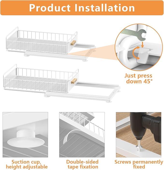 Under Sink Organizer, Single Tier Metal Pull Out Sliding Drawer Shelf for Kitchen Bathroom Cabinet Storage, Sturdy Rack – White-NeatNest