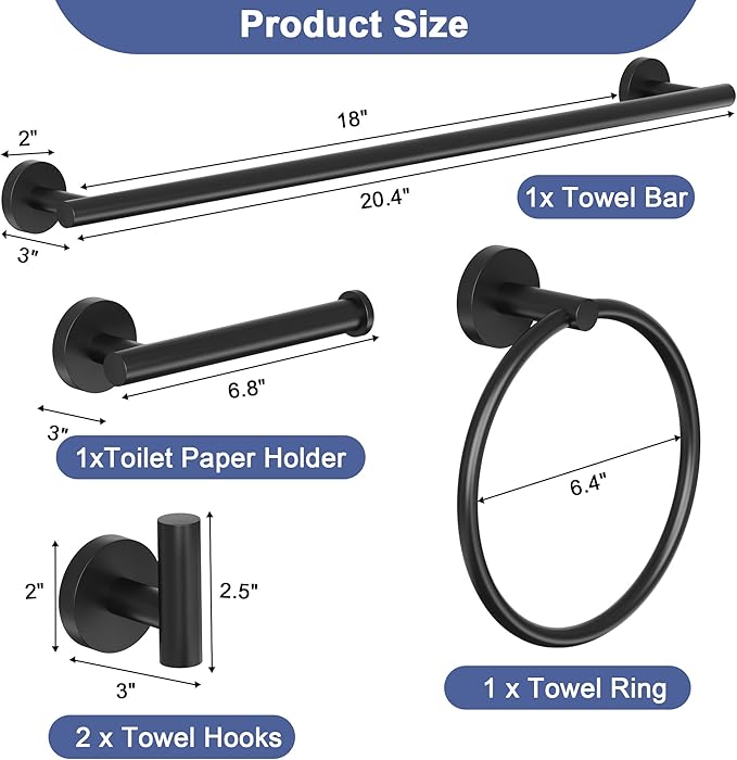 Matte Black Bathroom Hardware Set, 18 Inch SUS304 Stainless Steel Bath Towel Bar Set, Bathroom Accessories Set, Towel Rack, Towel Ring, Toilet Paper Holder, Robe Towel Hooks, 5-Pieces