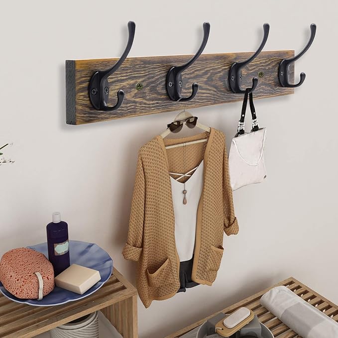 IBosins Wall Mounted Coat Rack, 2 Pack Metal Wood Coat Rack with 8 Black Rustic Hooks for Scarf, Bag, Towel, Key, Cap, Cup, Hat-NeatNest