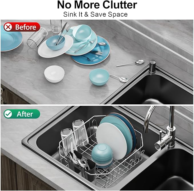 GSlife in Sink Dish Drying Rack - Stainless Steel Dish Drainer for RV Small Kitchen Apartment Sink, 13.4" L x 11.6" W, Silver