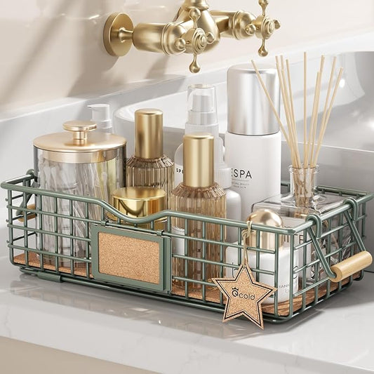 Bathroom Organizer Basket with Handle, Home Decor Organizers - Bathroom Organizers and Storage - Exquisite Vanity Tray for Skincare - Counter Tray for Organizing - Sage Green-NeatNest
