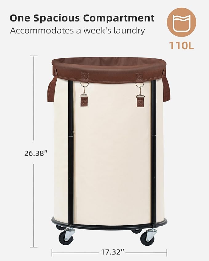STORAGE MANIAC Rolling Laundry Hamper with Wheels 110L Laundry Basket, Round Laundry Cart with Metal Frame and Removable Bag, Clothes Hamper for Bedroom, Bathroom, Dorm Room, Laundry Room, Beige