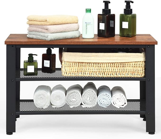 Giantex 3-Tier Shoe Rack Bench, Industrial Shoe Bench with 2 Mesh Storage Shelves & Seat for Entryway, Front Door, Garage Shoe Storage (Rustic Brown)