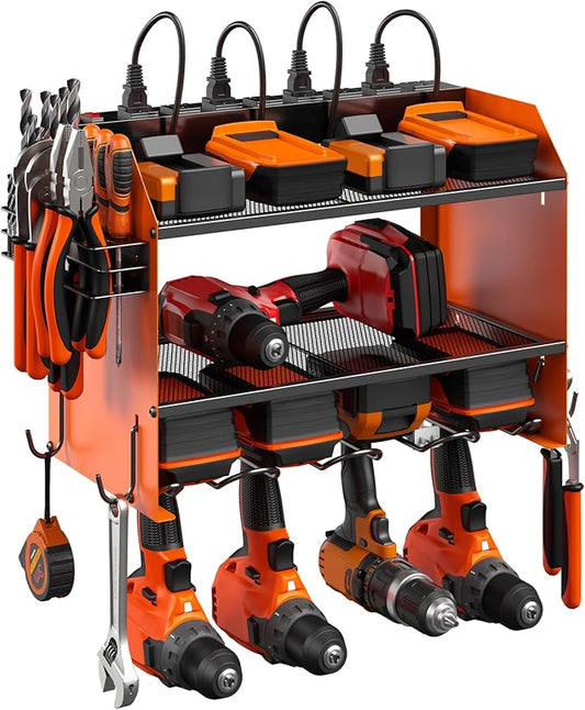 CCCEI Modular Power Tool Organizer Wall Mount with Charging Station. Garage 4 Drill Storage Shelf with Hooks, Drill Bit Heavy Duty Rack, Orange Tool Battery Holder Built in 8 Outlet Power Strip.-NeatNest