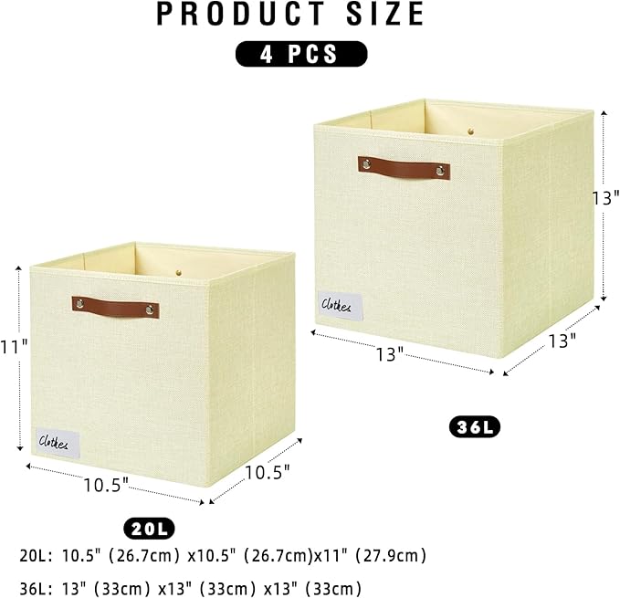 Collapsible Fabric Storage Cube Bins with 2 Reinforced PU Handles, Foldable Storage Organizer Baskets for Closet, Shelves, Living Room | 13"x13"x13", 4 Pack, Full Beige-NeatNest