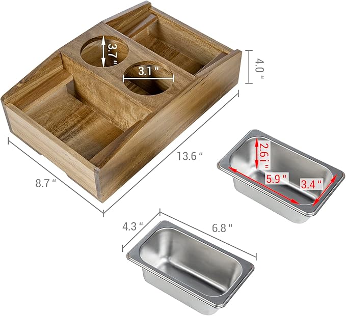 MyGift Cup Holder Tray and Couch Snack Caddy, Premium Solid Acacia Wood Sofa Beverage Drink and Snack Server with 2 Removable Metal Trays-NeatNest