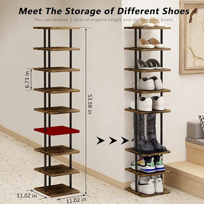 AZERPIAN Shoe Rack 9 Tier Vertical Storage Organizer Narrow Metal Slim Shelf Modern Free Standing Shoe Tower Saving Space for Closet Entryway Bedroom,Black+Rustic Brown-NeatNest