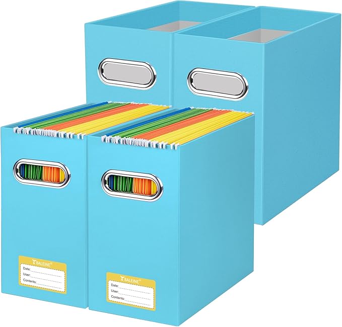 BALEINE File Organizer Box, Cardboard File Folder Organizer with Handle for Letter Size, Portable Collapsible Hanging Filing Box for Home Office Document Storage (4 Pack, Blue)-NeatNest