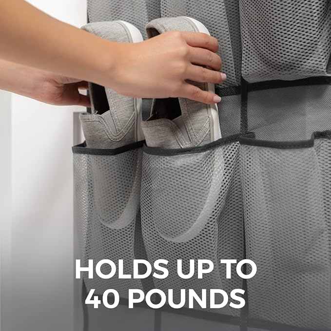 HOME GENIE Over the Door Hanging Shoe Organizer, 24 Breathable Mesh Pockets, Closet Rack Storage Holder, Stay in Place Hooks Hang on Closets, Hanger Holds Up to 40 lbs for Shoes, Accessories, Gray-NeatNest