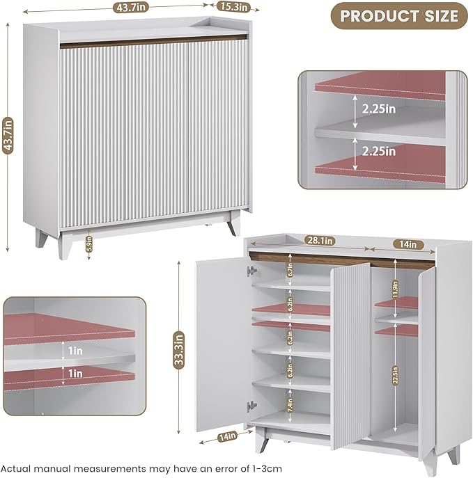 Shoe Storage Cabinet with 3 Doors, 43.7" Tall Fluted Shoe Cabinet for Entryway, 6-Tier Freestanding Shoe Rack Organizer for Foyer, Hallway, White-NeatNest