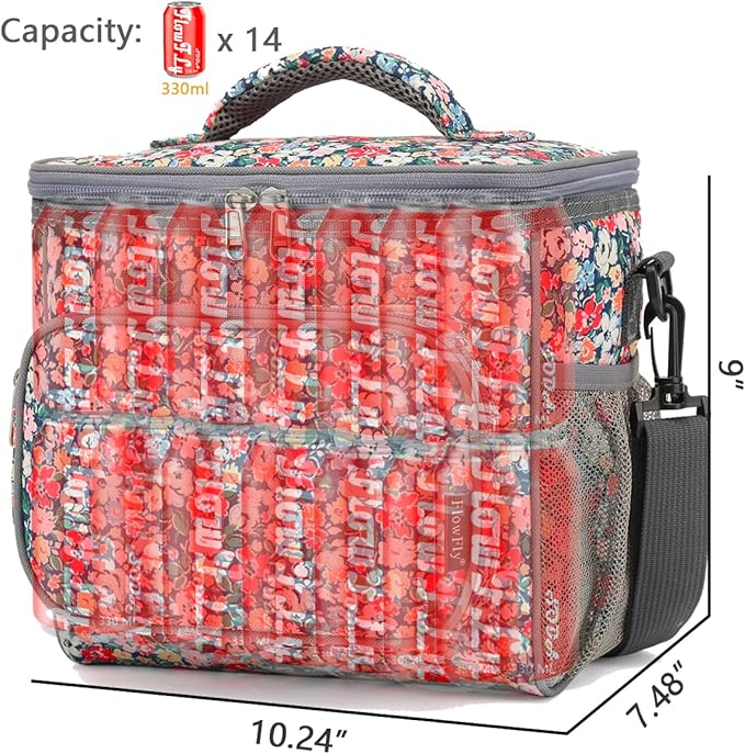 FlowFly Insulated Reusable Lunch Bag Adult Large Lunch Box for Women and Men with Adjustable Shoulder Strap,Front Zipper Pocket and Dual Large Mesh Side Pockets,Floral-NeatNest