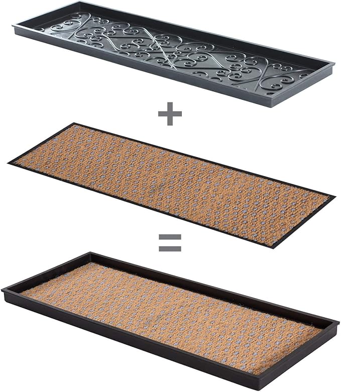Anji Mountain AMB0BT4F-007 Black Rubber Boot/Shoe Tray with Coir, Fits 4 Pair (46.5" Wide), Tan & Blue Insert