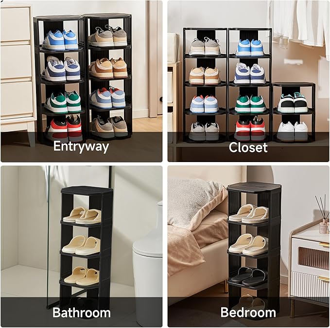 Small Shoe Rack, 5 Tier Plastic Vertical Shoe Rack for Small and Narrow Spaces, Free Standing Shoe Organizer for Closet, Entryway (Black)-NeatNest