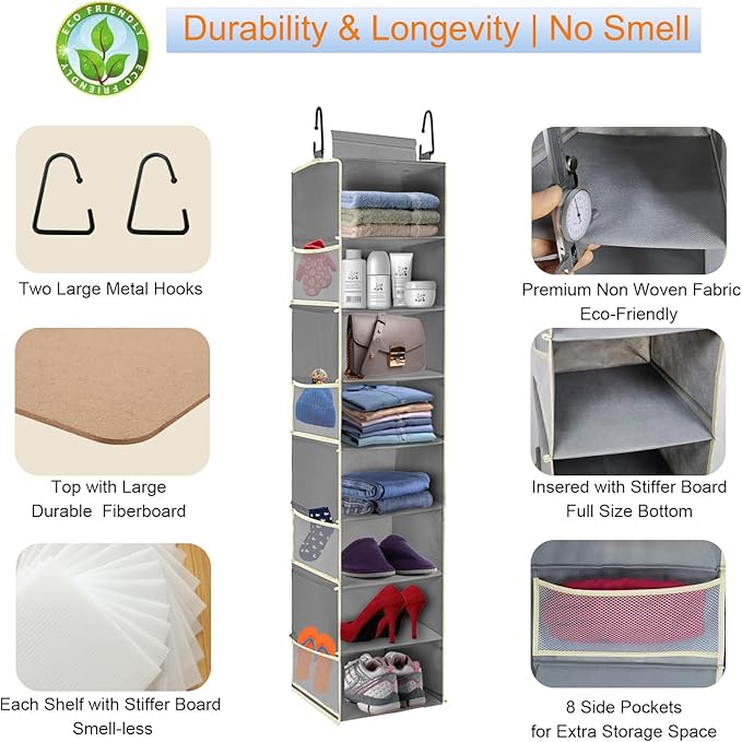 2 Pack Large-Sized Hanging Shoe Organizer 8-Shelf, Hanging Closet Organizer with 8 Side Pockets, Wider Hanging Shelves for Storage Shoes Clothes 9" W × 11.8" D× 48" H, Grey.-NeatNest