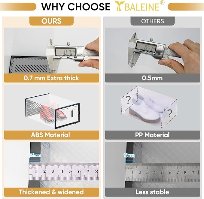 BALEINE 3 Pack Stackable Shoe Storage Boxes Fit Size 11, Thickened Clear Shoe Box Bins with Lids, Plastic Foldable Shoe Rack Organizer Sneaker Storage Containers (X-Large, White)