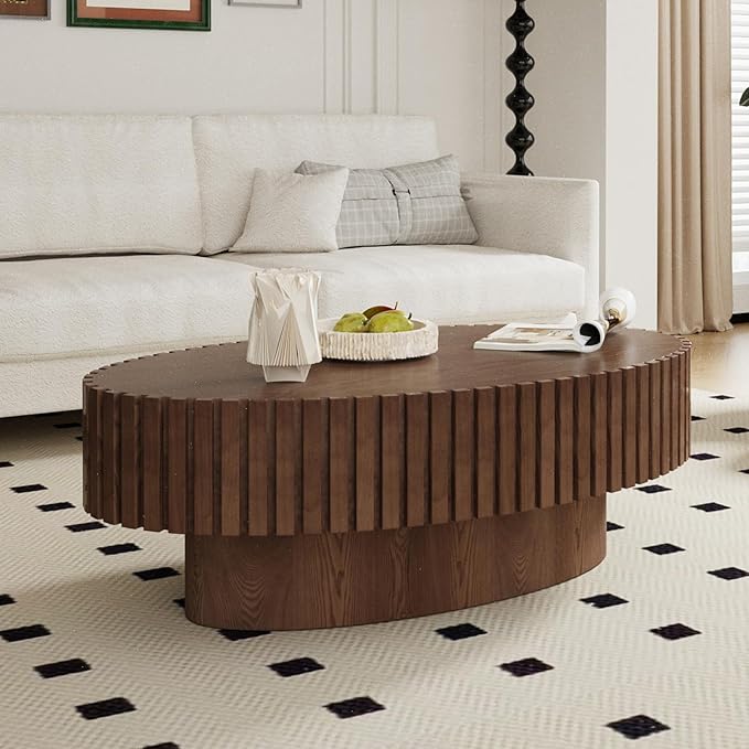 Handmade Oval Grooved Drum-Shaped Coffee Table、Rustic Modern Circular Centerpiece for Living Room & Farmhouse Decor、Easy to Clean (C Walnut 43in)
