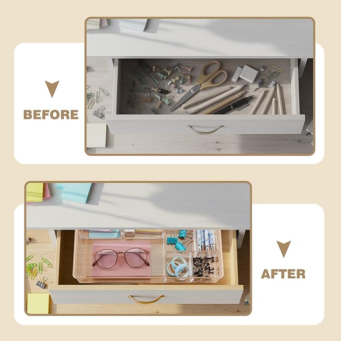 3 Pack Stackable Clear Drawer Organizer Trays 13.7" x 8.7" x 2" Plastic Acrylic Drawer Divider for Desk with 8 Compartments for Pens Paper Clips Sticky Notes Office Bathroom Arrangement