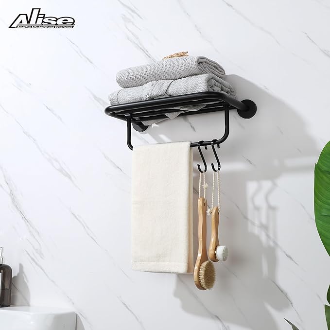 Alise 16 Inch Towel Racks for Bathroom, Foldable Towel Hanger Towel Shelf with Tower Bar, Heavy Duty Towel Holder, SUS 304 Stainless Steel Wall Mount Towel Rail, Matte Black